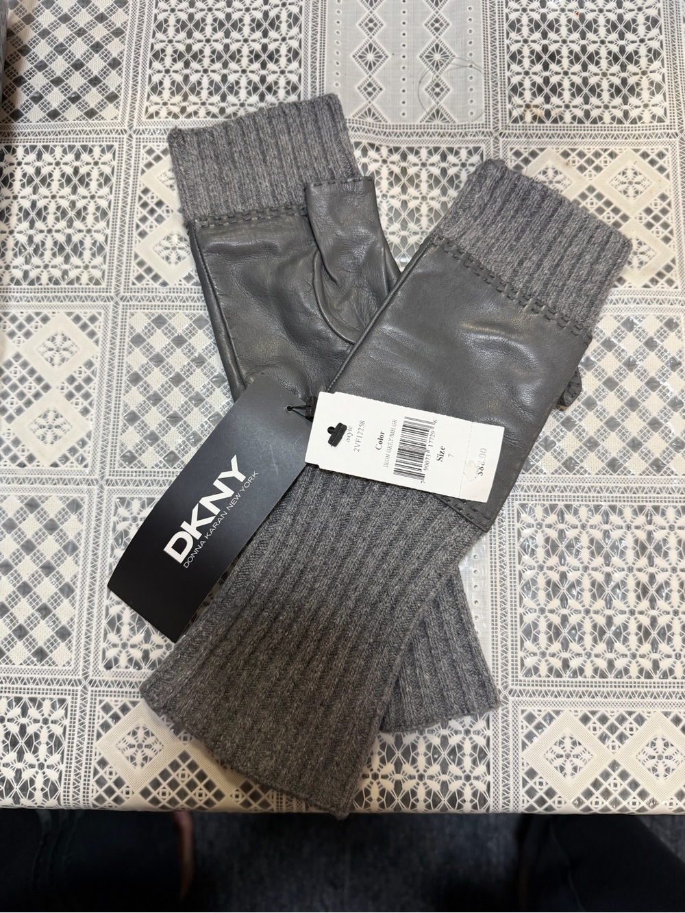 DKNY Gray Leather and Knit Fingerless Gloves